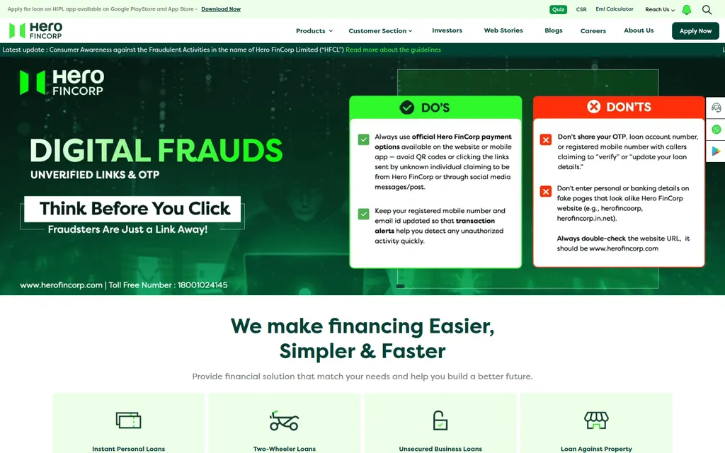 Hero FinCorp financial services website